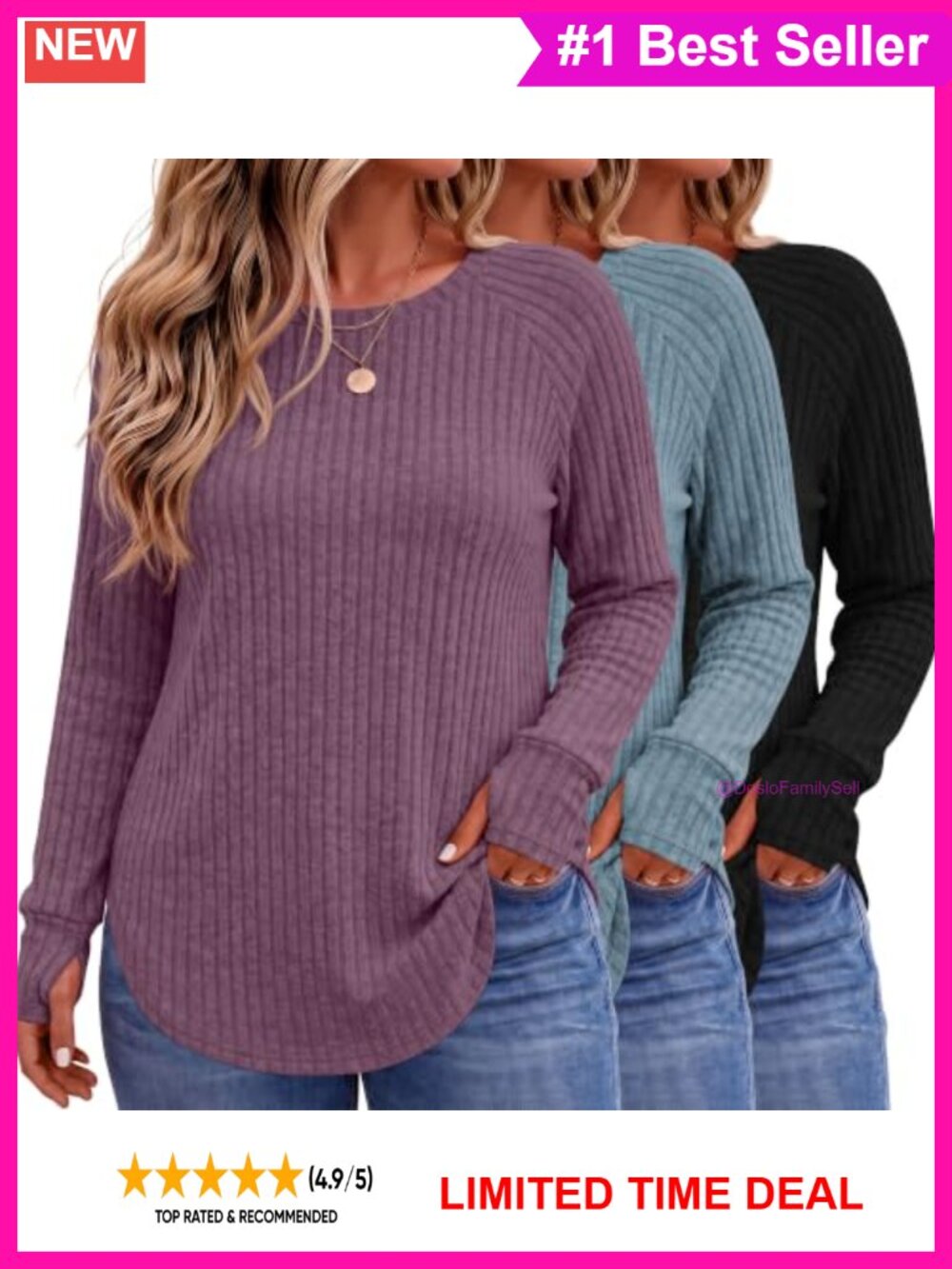 Plus Size Long Sleeve Tunic Sweaters 3 Pack Thumbhole
